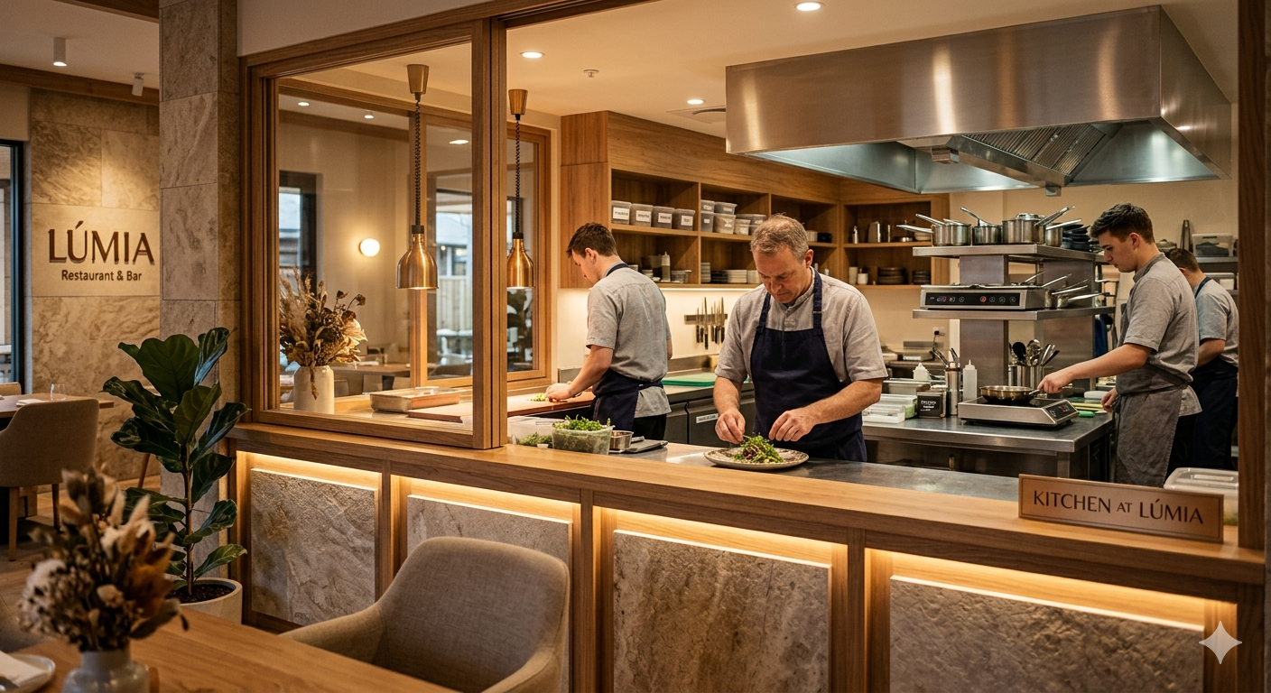 Moderne Restaurantküche mit Koch bei der Arbeit